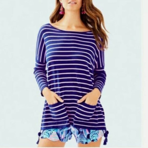 LILLY PULITZER Elba Oversized Poncho Pullover Sweater Blue/Pink Stripe Tasseled - Picture 2 of 6
